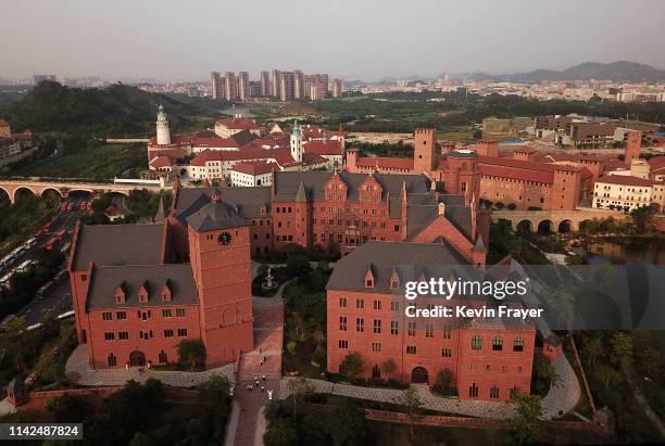 Huawei's new sprawling 'Ox Horn' Research and Development campus is seen from the air on April 25, 2019 in Dongguan, near Shenzhen, China.Huawei is...