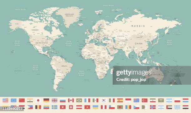 079 - vintage blue mono and flags - world map and detailed stock illustrations