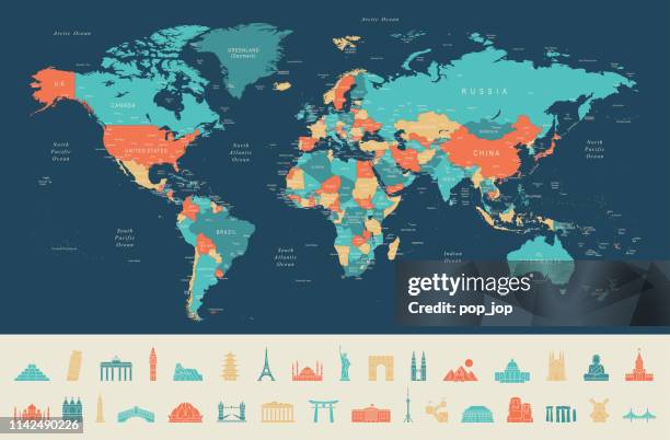 stockillustraties, clipart, cartoons en iconen met wereldkaart en reis iconen - continent