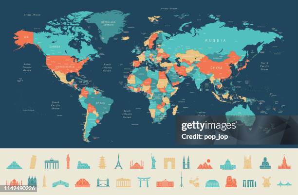 world map and travel icons - map of mediterranean countries stock illustrations