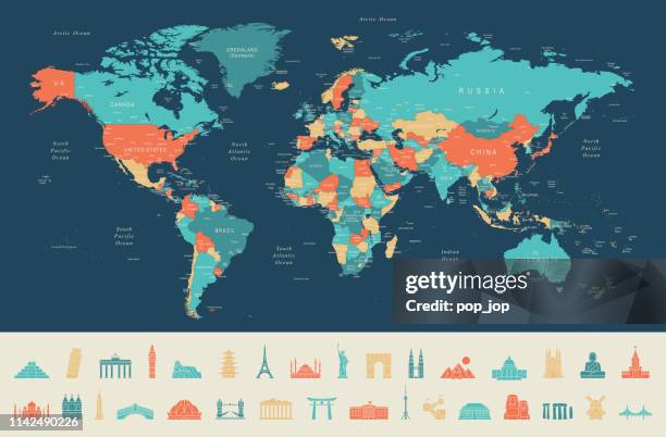 world map and travel icons - russia travel stock illustrations