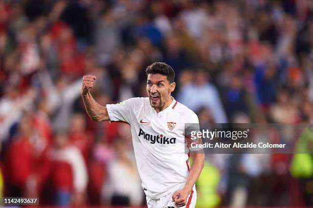 Jesus Navas of Sevilla FC celebrates after wining the match against Real Betis Balompie during the La Liga match between Sevilla FC and Real Betis...