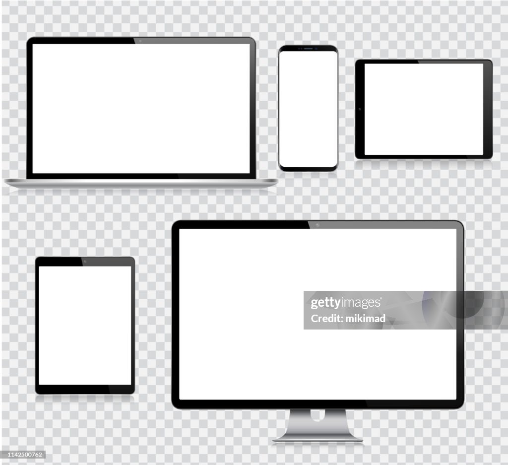 Realistischer Vector Digital Tablet, Handy, Smart Phone, Laptop und Computer Monitor. Moderne digitale Geräte