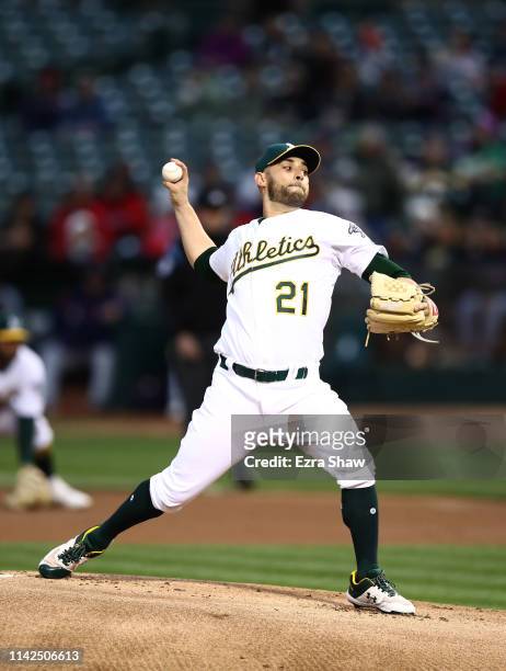 Marco Estrada of the Oakland Athletics pitches against the Boston Red Sox at Oakland-Alameda County Coliseum on April 03, 2019 in Oakland, California.