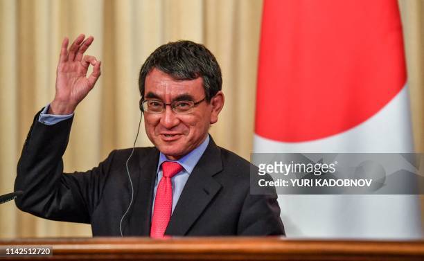 Japanese Foreign Minister Taro Kono gestures during a news conference after his meeting with Russian Foreign Minister in Moscow on May 10, 2019.