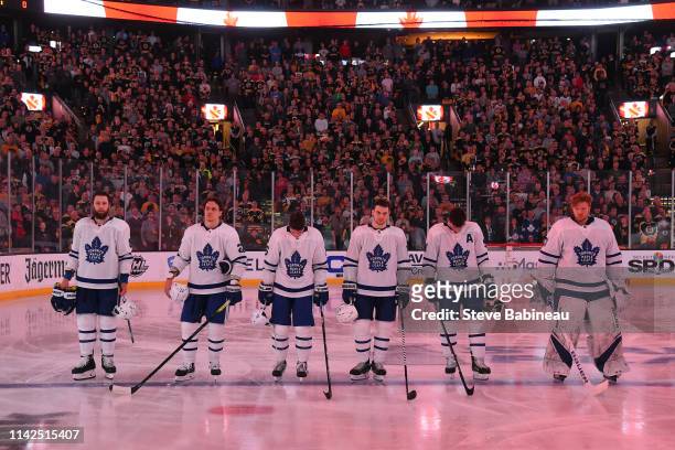 Starting line up of the Toronto Maple Leafs against the Boston Bruins in Game Two of the Eastern Conference First Round during the 2019 NHL Stanley...