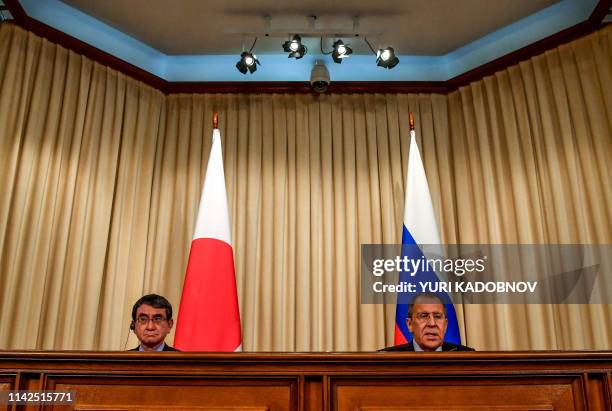 Russian Foreign Minister Sergei Lavrov and his Japanese counterpart Taro Kono attend a news conference after their meeting in Moscow on May 10, 2019.