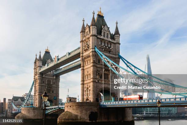 tower bridge with red bus and the shard, london, uk - london tower bridge stock pictures, royalty-free photos & images