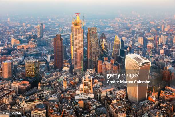 aerial view of london financial district at sunset, uk - 20 fenchurch street stock pictures, royalty-free photos & images