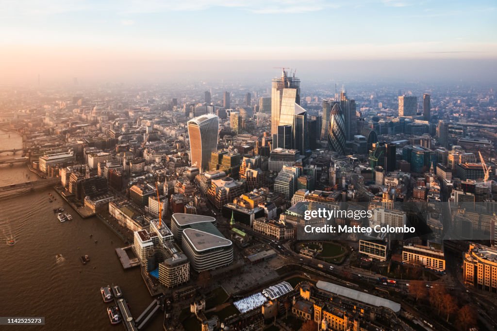 Aerial view of the City at sunset, London, United Kingdom