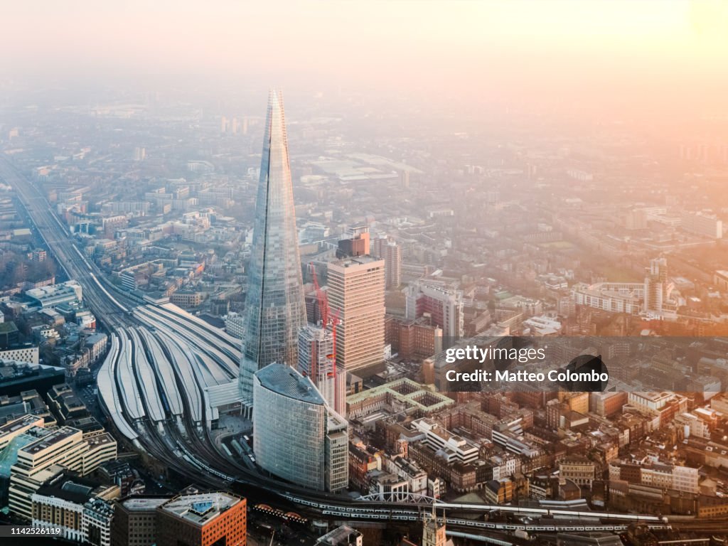 Aerial view of the Shard at sunset, London, England