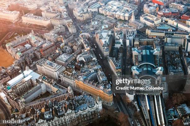 aerial of charing cross station and trafalgar square, london - charing cross station stock-fotos und bilder