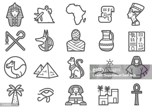 ilustraciones, imágenes clip art, dibujos animados e iconos de stock de egipto viajes línea iconos conjunto - camello