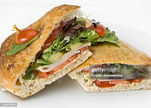 turquía y aguacate con queso emmental sándwich - ciabatta fotografías e imágenes de stock