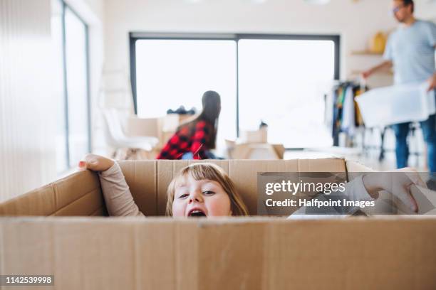 a small cute girl in a cardboard box when moving in a new home, having fun. - kids modern stock-fotos und bilder