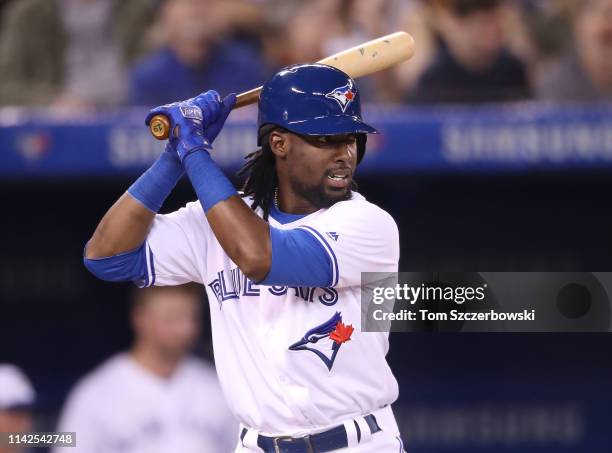 Alen Hanson of the Toronto Blue Jays bats in the sixth inning during MLB game action against the Tampa Bay Rays at Rogers Centre on April 13, 2019 in...