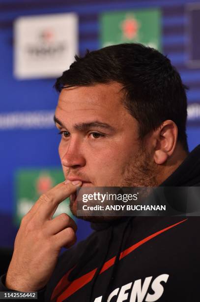 Saracens' hooker Jamie George attends the captain's run press conference at St James' Park stadium in Newcastle-upon-Tyne, north east England on May...