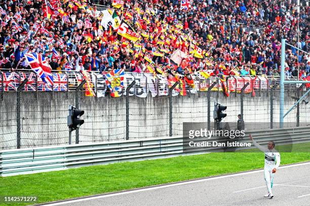 Race winner Lewis Hamilton of Great Britain and Mercedes GP celebrates in parc ferme during the F1 Grand Prix of China at Shanghai International...