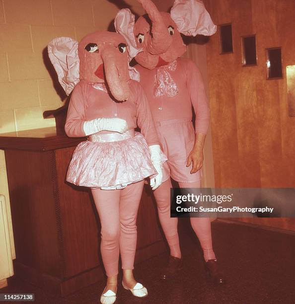 vintage  image of couple dressed as pink elephants - funny elephant 個照片及圖片檔