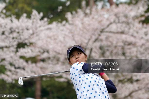 Hikari Fujita of Japan hits a tee shot on the 13th hole, during the final round of the Hanasaka Ladies Yanmar Golf Tournament at Biwako Country Club...