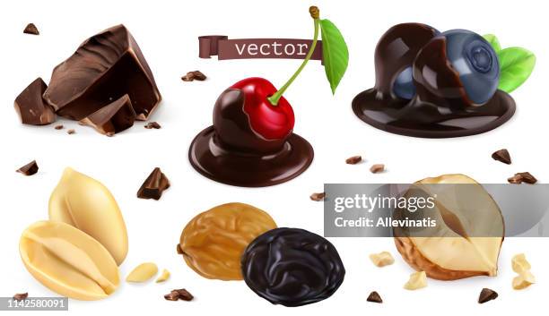berries, nuts and chocolate. blueberry, cherry, peanut, hazel, raisin, 3d vector set - dried cherries on white stock illustrations