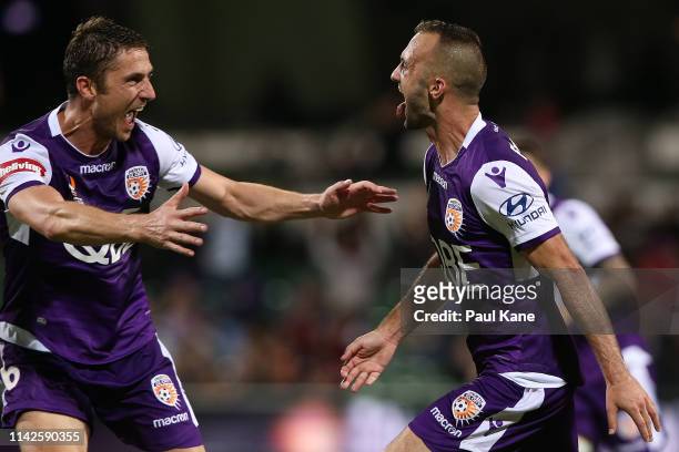 Dino Djulbic and Ivan Franjic of the Glory celebrate a goal during the round 25 A-League match between the Perth Glory and the Newcastle Jets at HBF...