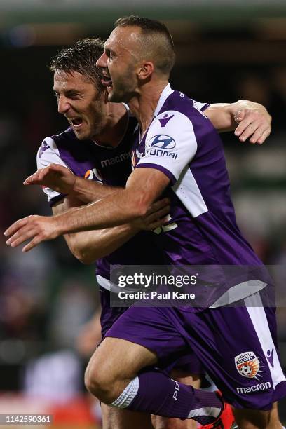 Dino Djulbic and Ivan Franjic of the Glory celebrate a goal during the round 25 A-League match between the Perth Glory and the Newcastle Jets at HBF...