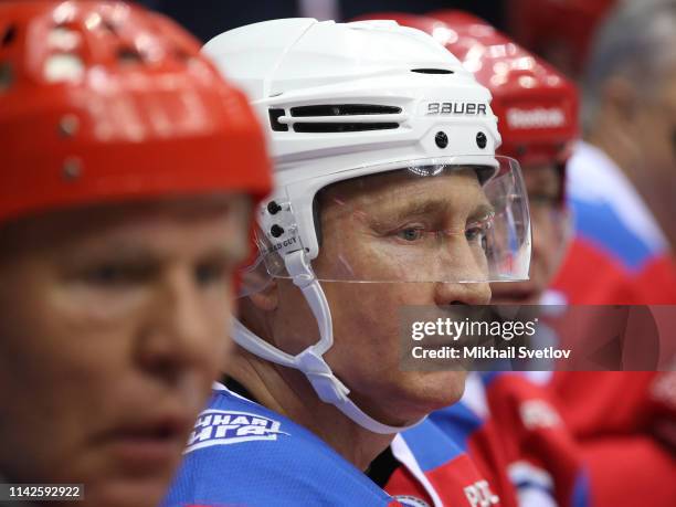 Russian President Vladimir Putin seen during the gala match of the Night Hockey League at Bolshoi Ice Dome on May 10, 2019 in Sochi, Russia. Vladimir...