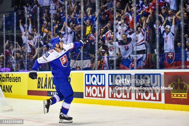 Tomas Tatar of Slovakia celebrates scoring a goal during the 2019 IIHF Ice Hockey World Championship Slovakia group A game between United States and...