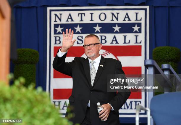 Hall of Famer Bert Blyleven is introduced during the Baseball Hall of Fame induction ceremony at the Clark Sports Center on July 29, 2018 in...