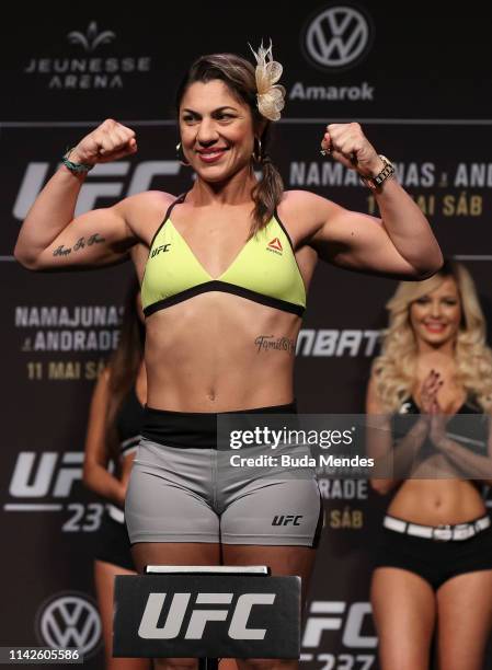 Bethe Correia of Brazil poses on the scale during the UFC 237 weigh-in at Jeunesse Arena on May 10, 2019 in Rio de Janeiro, Brazil.