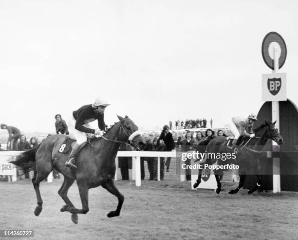 Red Rum ridden by Brian Fletcher, beats Crisp to win the Grand National for the first time at Aintree in record time on 31st March 1973.