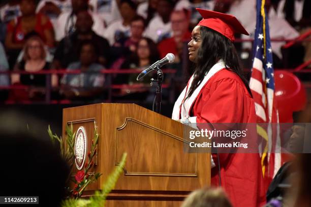 Alexus Deese, President, Senior Class of Winston-Salem State University, speaks during the Winston-Salem State University commencement at Lawrence...