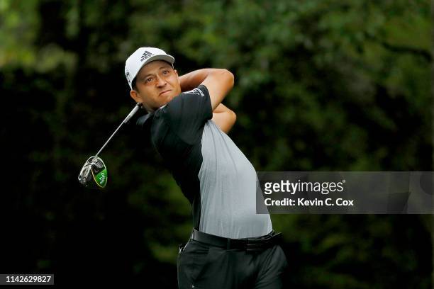 Xander Schauffele of the United States plays his shot from the second tee during the final round of the Masters at Augusta National Golf Club on...