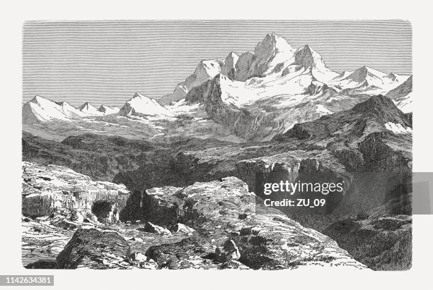 mount everest, 8,848 m m (22,838 ft), himalayas, nepal/china, woodcut, 1897 - nepal illustration stock illustrations