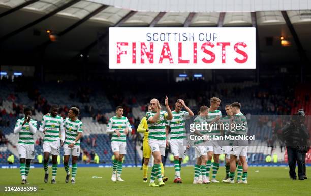 Celtic celebrate after winning the Scottish Cup semi-final between Aberdeen and Celtic at Hampden Park on April 14, 2019 in Glasgow, Scotland.