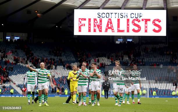 Celtic celebrate after winning the Scottish Cup semi-final between Aberdeen and Celtic at Hampden Park on April 14, 2019 in Glasgow, Scotland.