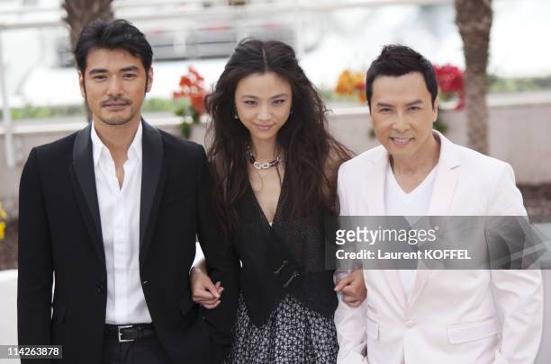 Takeshi Kaneshiro, Tang Wei, and Donnie Yen attends the 'Wu Xia' Photocall at the Palais des Festivals during the 64th Cannes Film Festival on May...