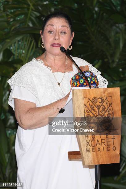 Mexican actress Angelica Aragon speaks on stage and receives the Xcaret award at Hotel Xcaret on May 10, 2019 in Playa del Carmen, Mexico.