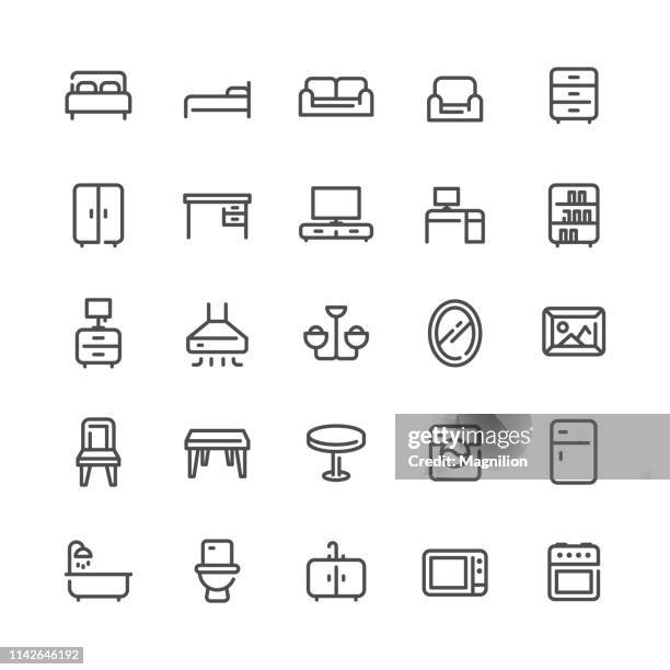 furniture and home appliances icons set - bookshelf vector stock illustrations