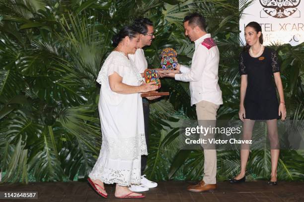 Actress Angelica Aragon and film director Manolo Caro receive the Xcaret award at Hotel Xcaret on May 10, 2019 in Playa del Carmen, Mexico.