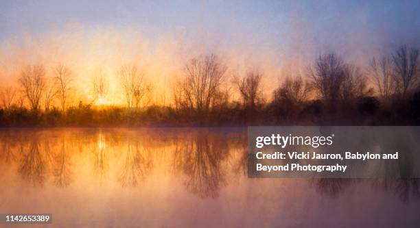 artistic scene at sunrise over trees and reflections in rural pennsylvania - delaware county pennsylvania stock pictures, royalty-free photos & images