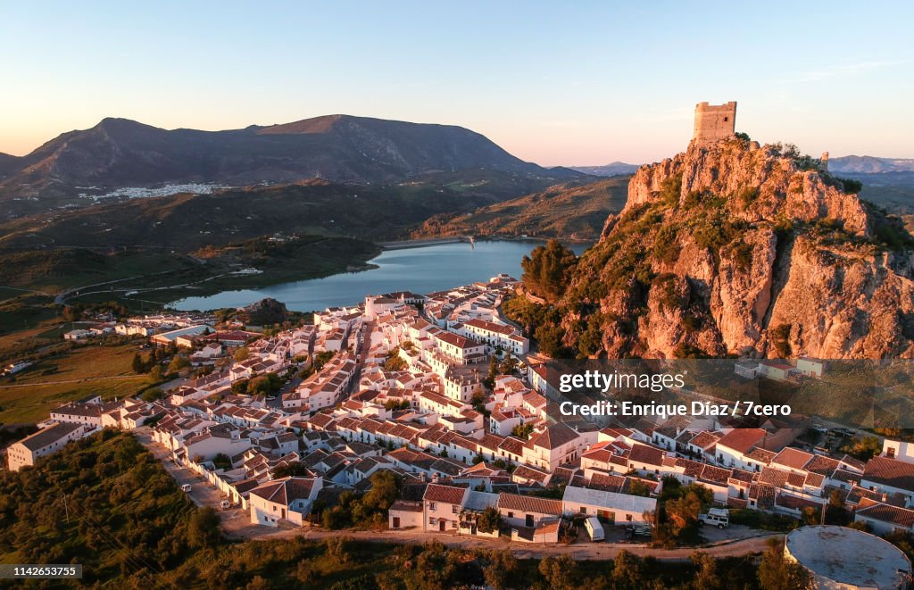 Pink Sunset cast over Zahara de la Sierra, Andalusia, Spain