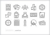 Casino line icons of gambling in places such as Las Vegas with slot machines, poker, roulette and other games