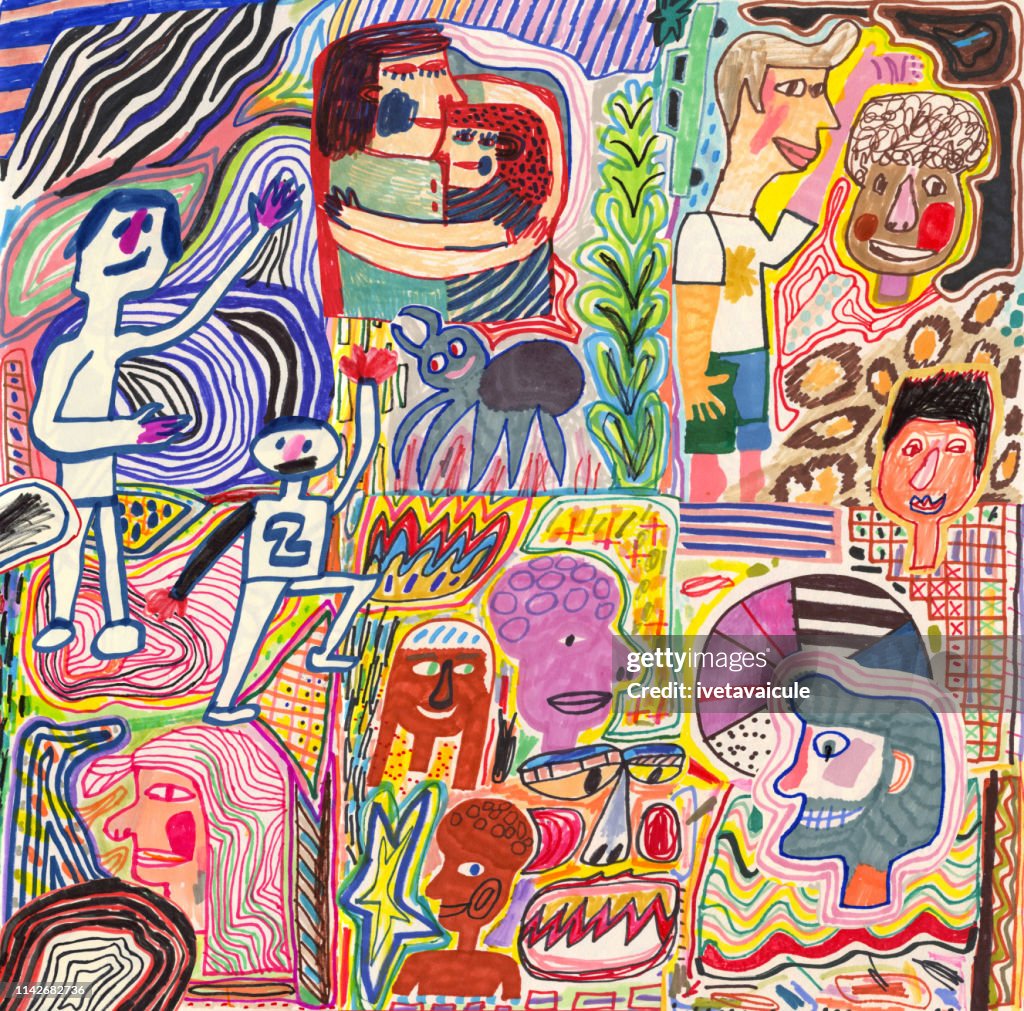 Abstract collage of doodle patterns and people
