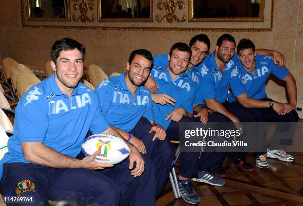 Italy players pose during a press conference as Italian Rugby Federation and Cariparma announce the renewal of their sponsorship deal on May 17, 2011...