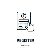 register icon vector from support collection. Thin line register outline icon vector illustration. Linear symbol for use on web and mobile apps, logo, print media.