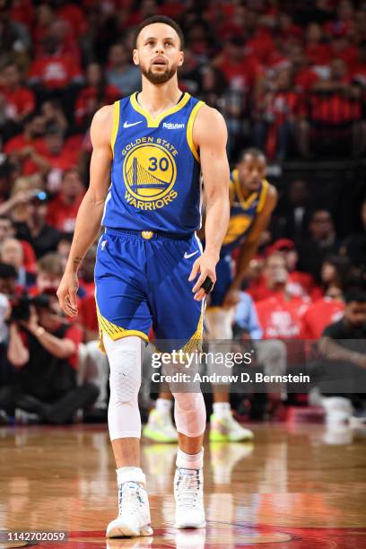 Stephen Curry of the Golden State Warriors looks on against the Houston Rockets during Game Six of the Western Conference Semifinals of the 2019 NBA...