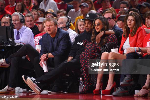 Jay-Z and Beyonce attend a game between the Golden State Warriors and the Houston Rockets during Game Six of the Western Conference Semifinals of the...