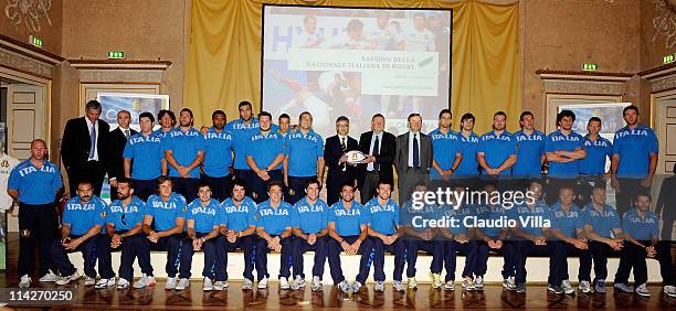 Italy squad members and representatives of Italian Rugby Federation and Cariparma pose during a press conference as Italian Rugby Federation and...